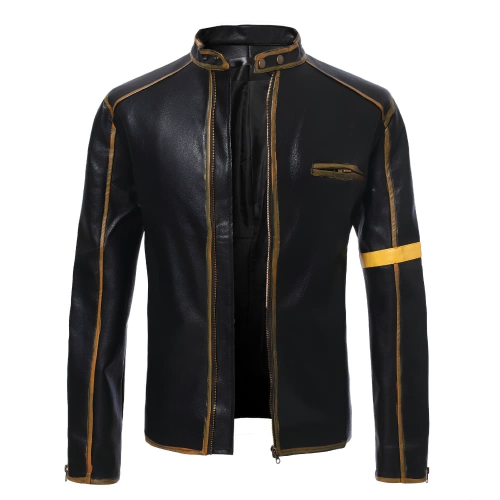 Men’s Black Genuine Sheepskin Leather Biker Jacket – Stand Collar Café Racer Vintage Motorcycle Jacket