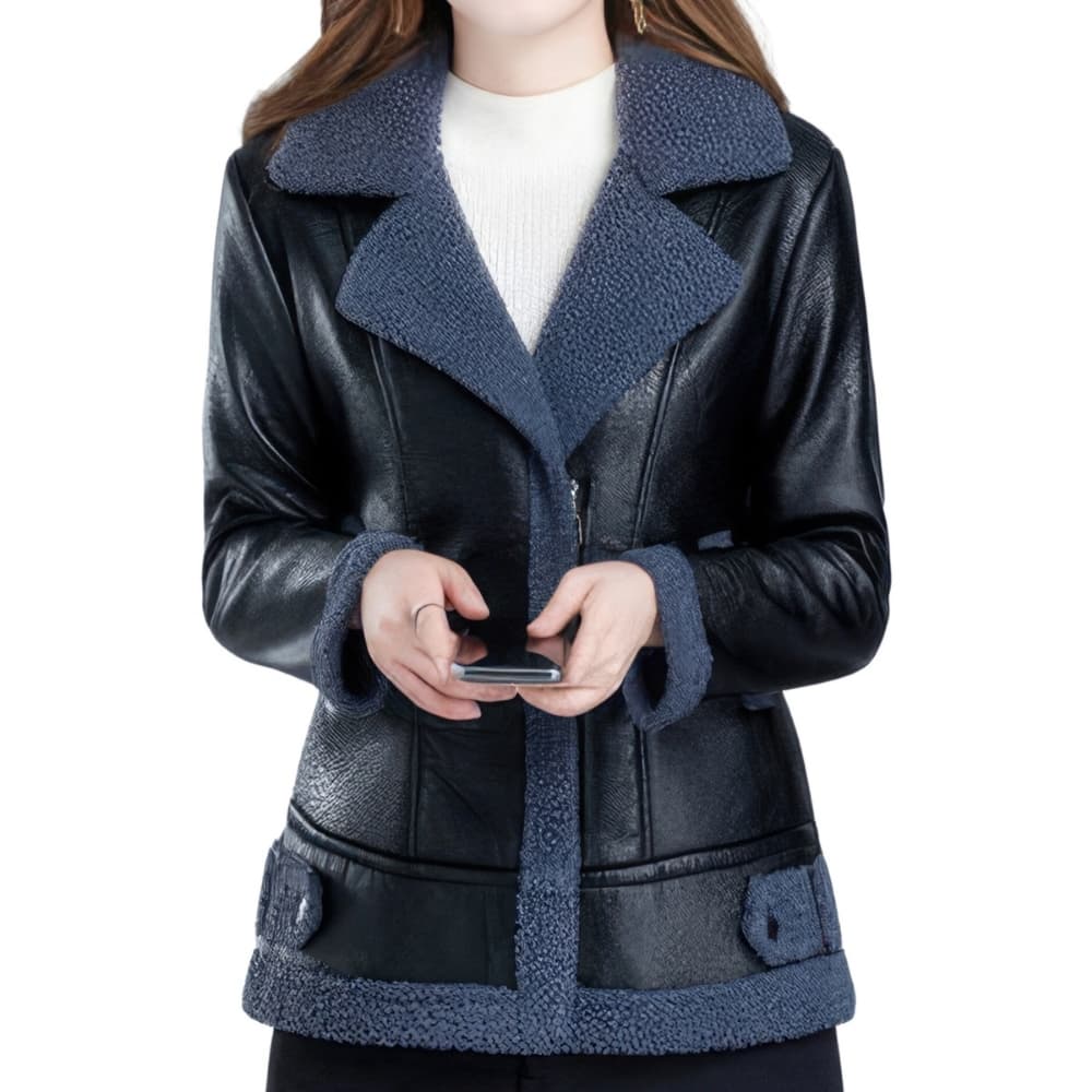 Women’s Black Genuine Sheepskin Leather Bomber Jacket – Sherpa Shearling Lined Winter Jacket