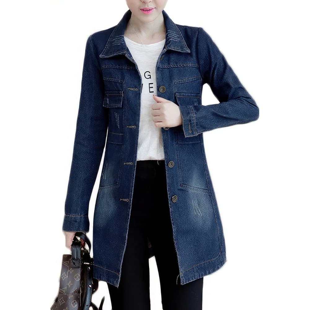 Women’s Blue Trench Coat – Classic Shirt Collar Single-Breasted Casual Fashion Jacket