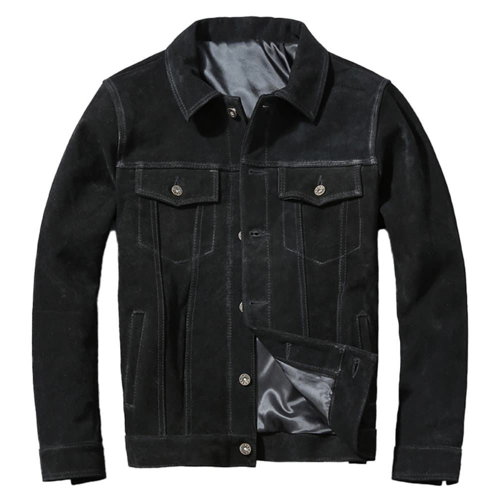 Men’s Black Genuine Suede Trucker Jacket – Turn-Down Collar Western Casual Leather Jacket