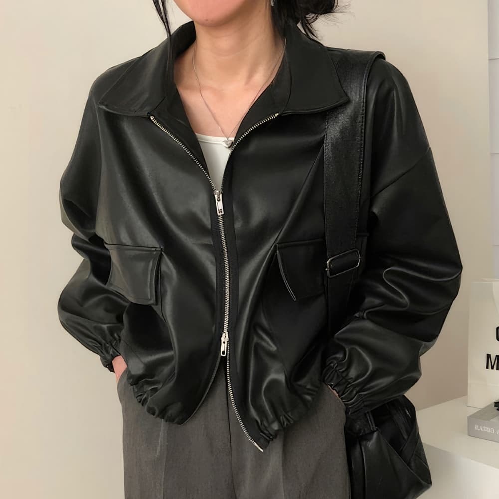 Women’s Black Genuine Sheepskin Leather Jacket – Oversized Shirt Collar Korean Casual Bomber Jacket