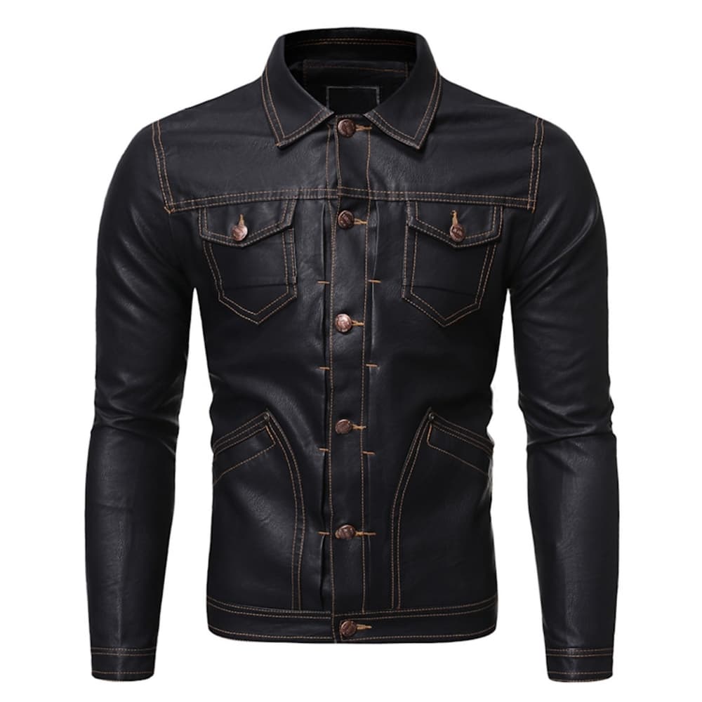 Men’s Black Genuine Sheepskin Biker Jacket – Slim Fit Café Racer Turn-Down Collar Leather Jacket