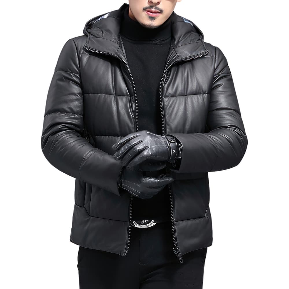 Men’s Black Genuine Sheepskin Leather Puffer Jacket – Hooded Winter Parka with Insulated Padding