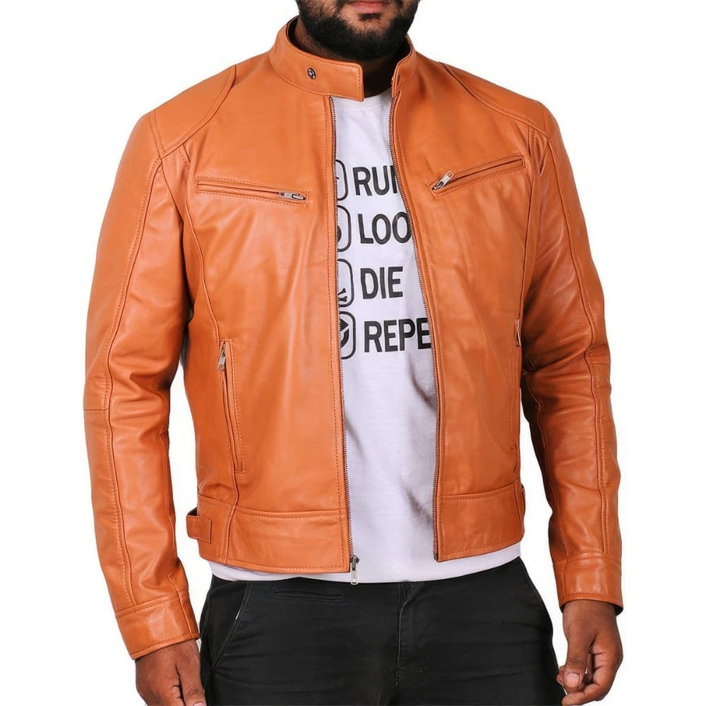Men's Brown Genuine Sheepskin Biker Jacket - Stand Collar Korean Slim Fit Motorcycle Leather Jacket
