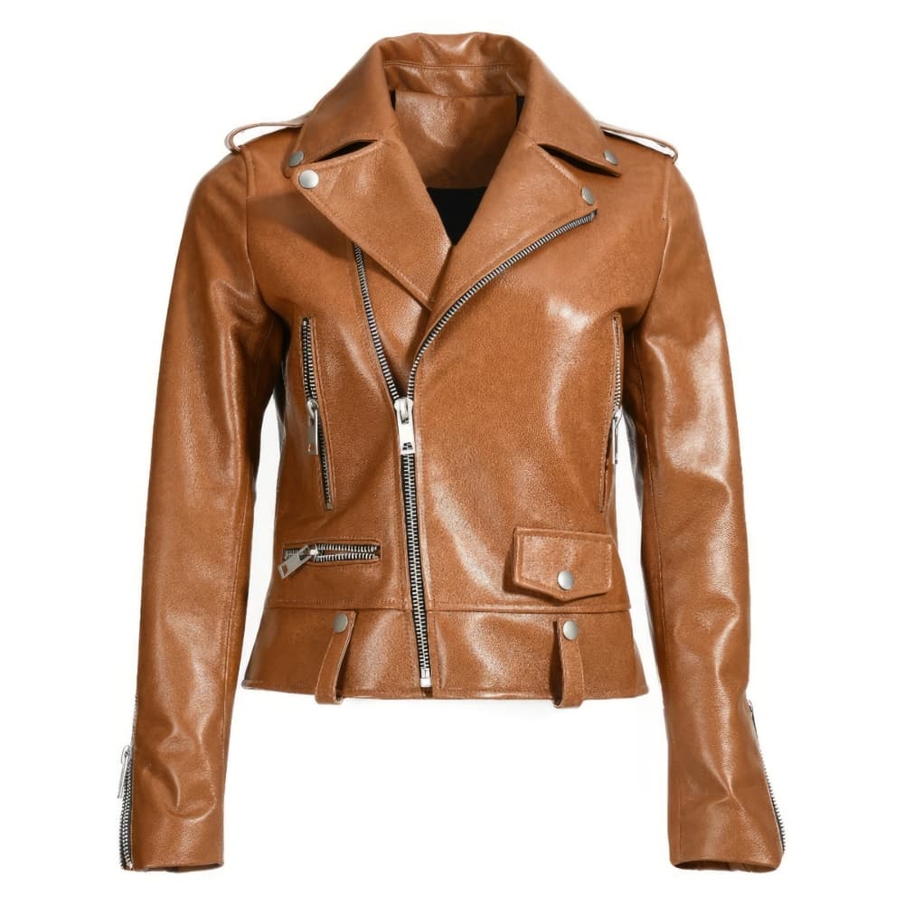 Women's Brown Genuine Sheepskin Biker Jacket - Slim Fit Asymmetric Motorcycle Leather Jacket