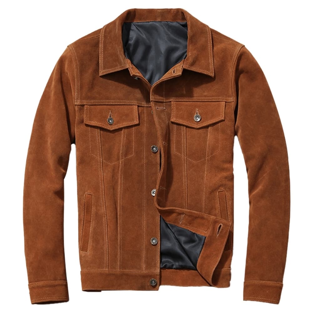 Men's Brown Genuine Suede Trucker Jacket - Turn-Down Collar Western Casual Leather Jacket