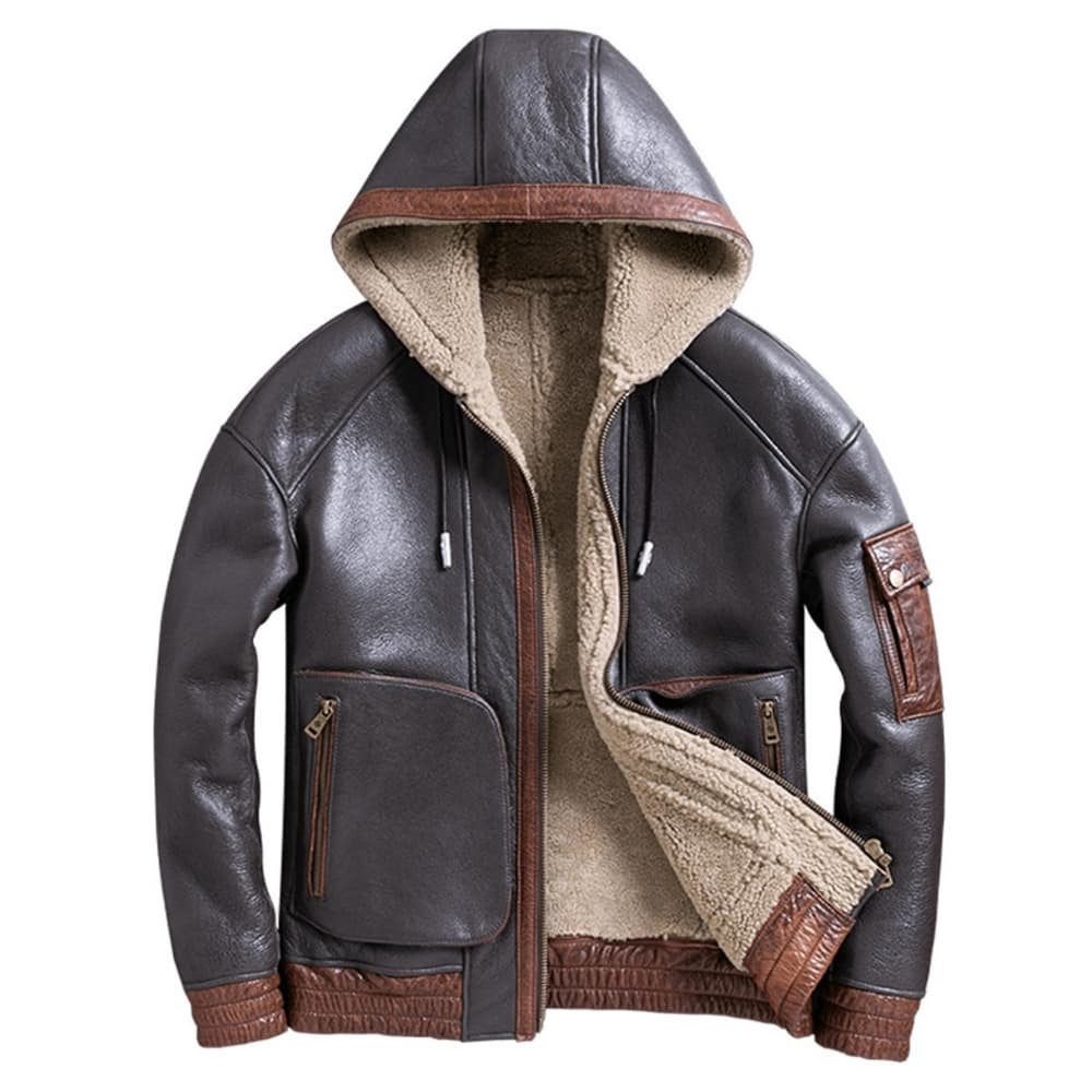 Men's Brown Genuine Sheepskin Bomber Jacket - Faux-Fur Lined Hooded Winter Leather Jacket