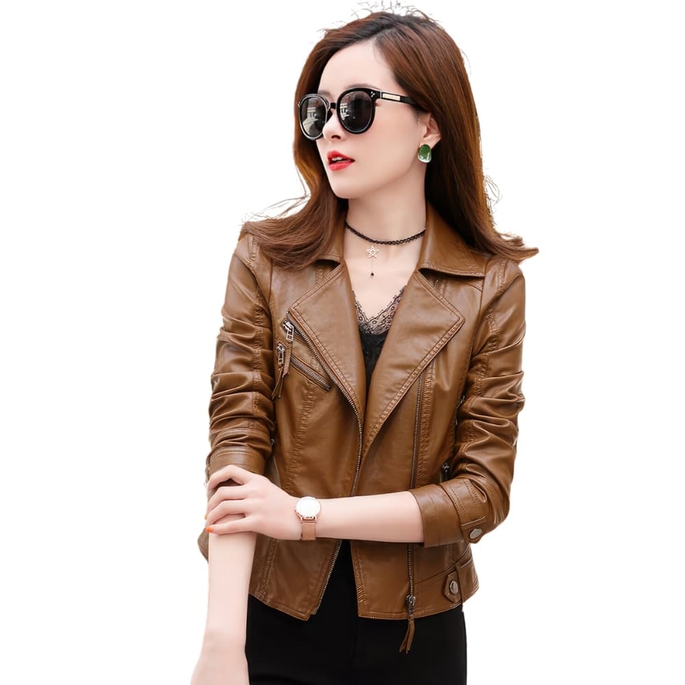 Women's Brown Genuine Sheepskin Rider Jacket - Slim Fit Asymmetric Racer Leather Jacket