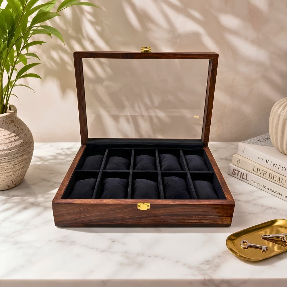Handcrafted Wooden Watch Box - 10 Watch Storage Case with Clear Glass Top