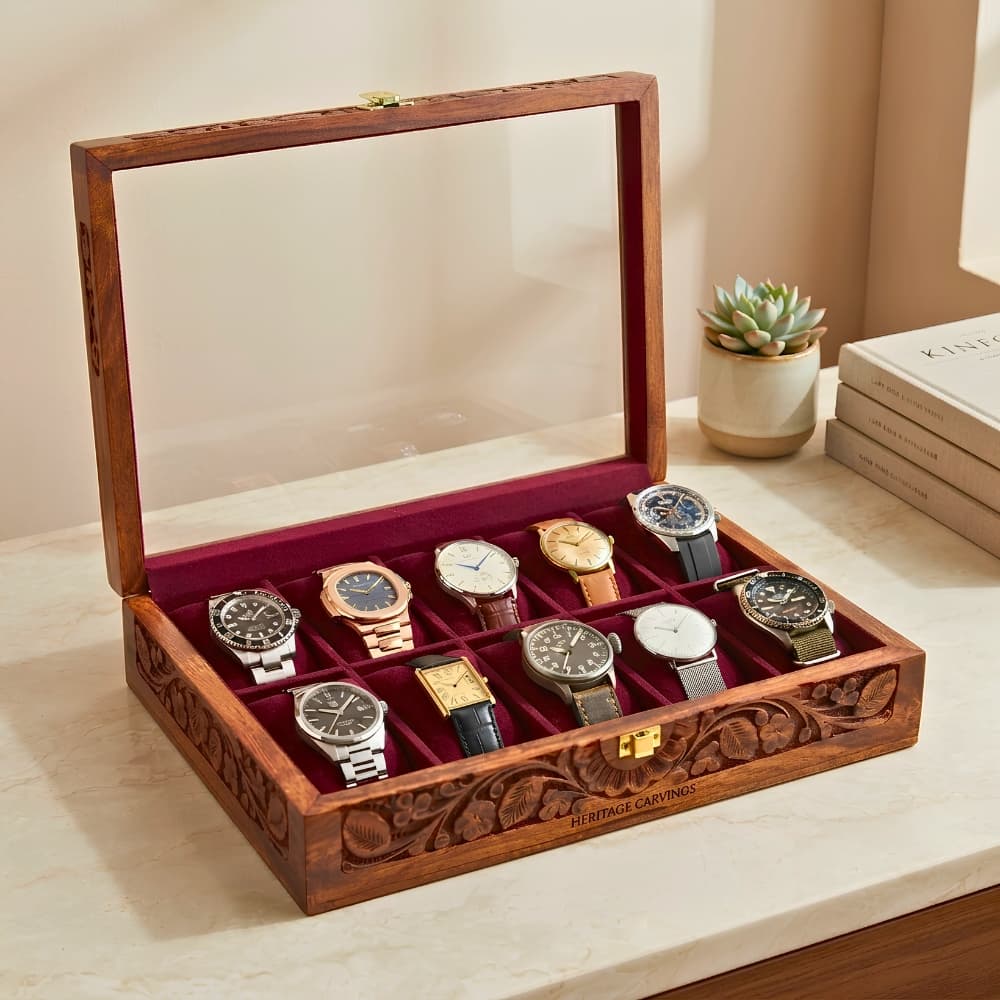 Handcrafted Wooden Watch Box - 10 Watch Organizer with Carved Design & Glass Top