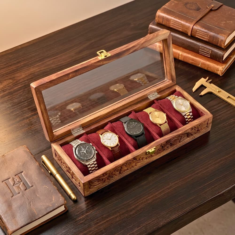 Handcrafted Wooden Watch Box - 5 Watch Organizer with Carved Design & Clear Glass Top