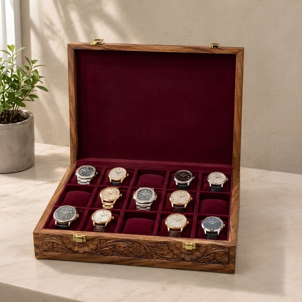 Handcrafted Wooden Watch Box - 15 Watch Organizer with Traditional Carving
