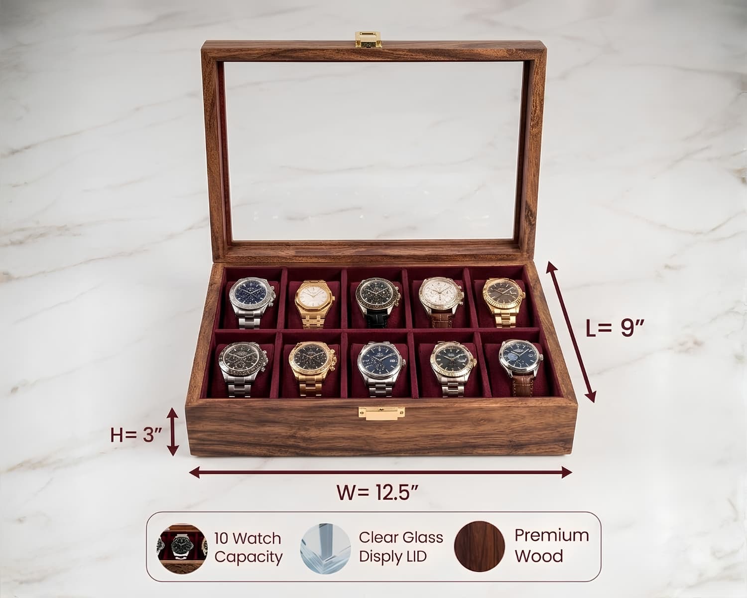 10 Watch Wooden Storage Box with Glass Top - Handcrafted Watch Organizer & Display Case