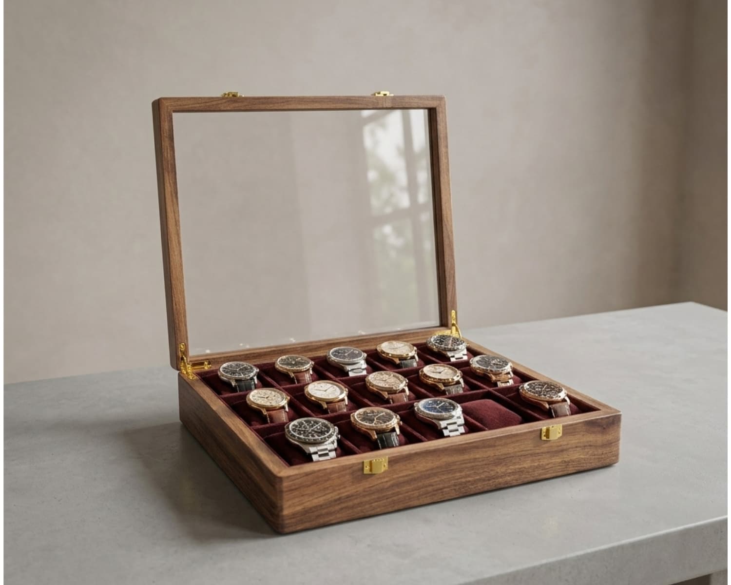 15 Watch Wooden Storage Box with Glass Top & Golden Hinges - Watch Organizer Display Case