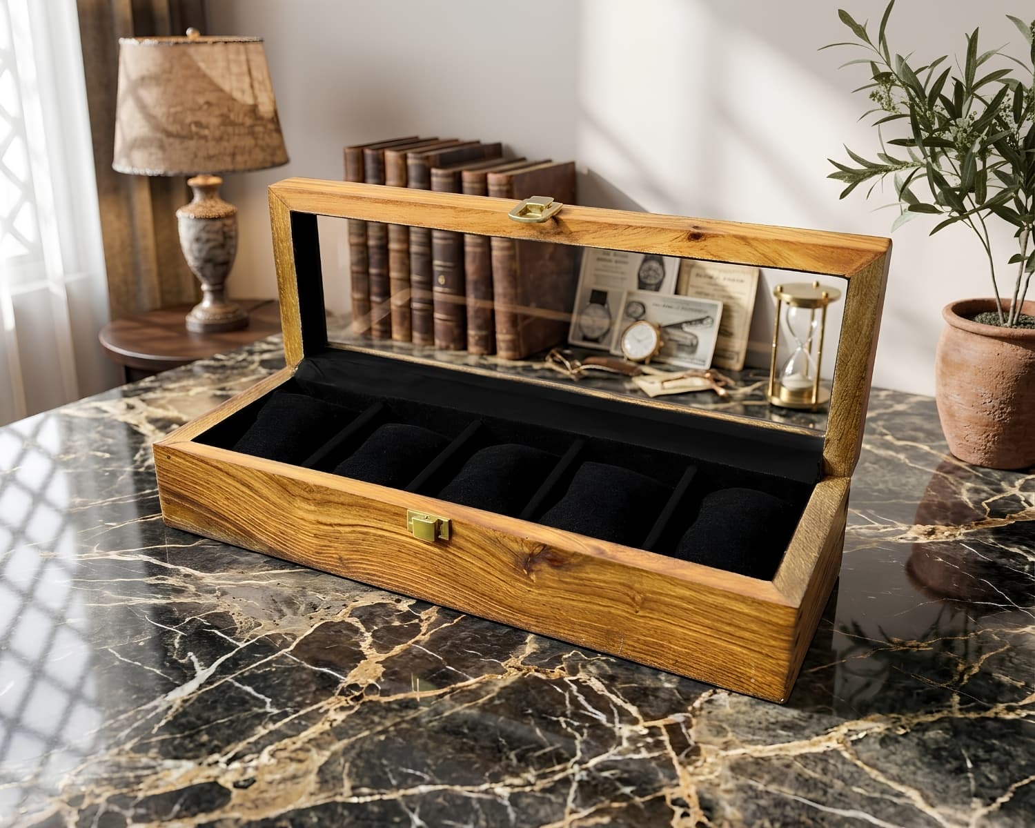Wooden Watch Box for 5 Watches - Glass Top Display Case - Handcrafted Watch Organizer - Plain Wood Storage Box