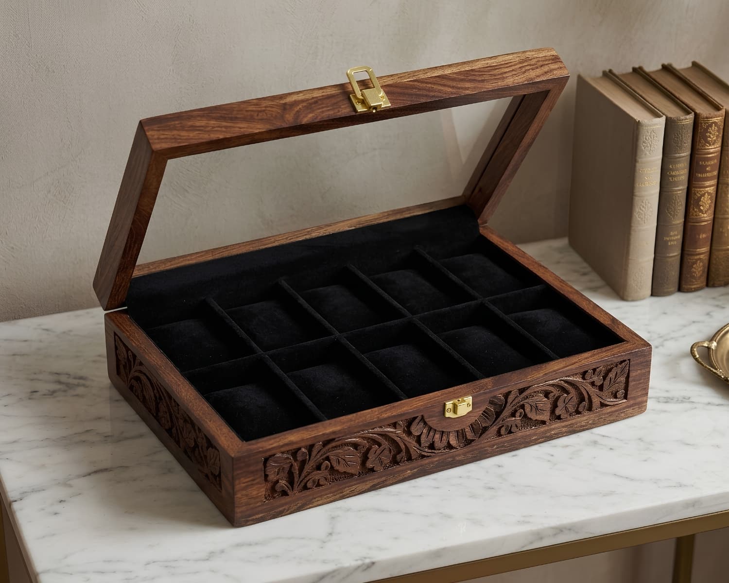 Wooden Watch Box for 10 Watches - Carved Wood Display Case with Glass Top - Traditional Watch Organizer & Storage Box