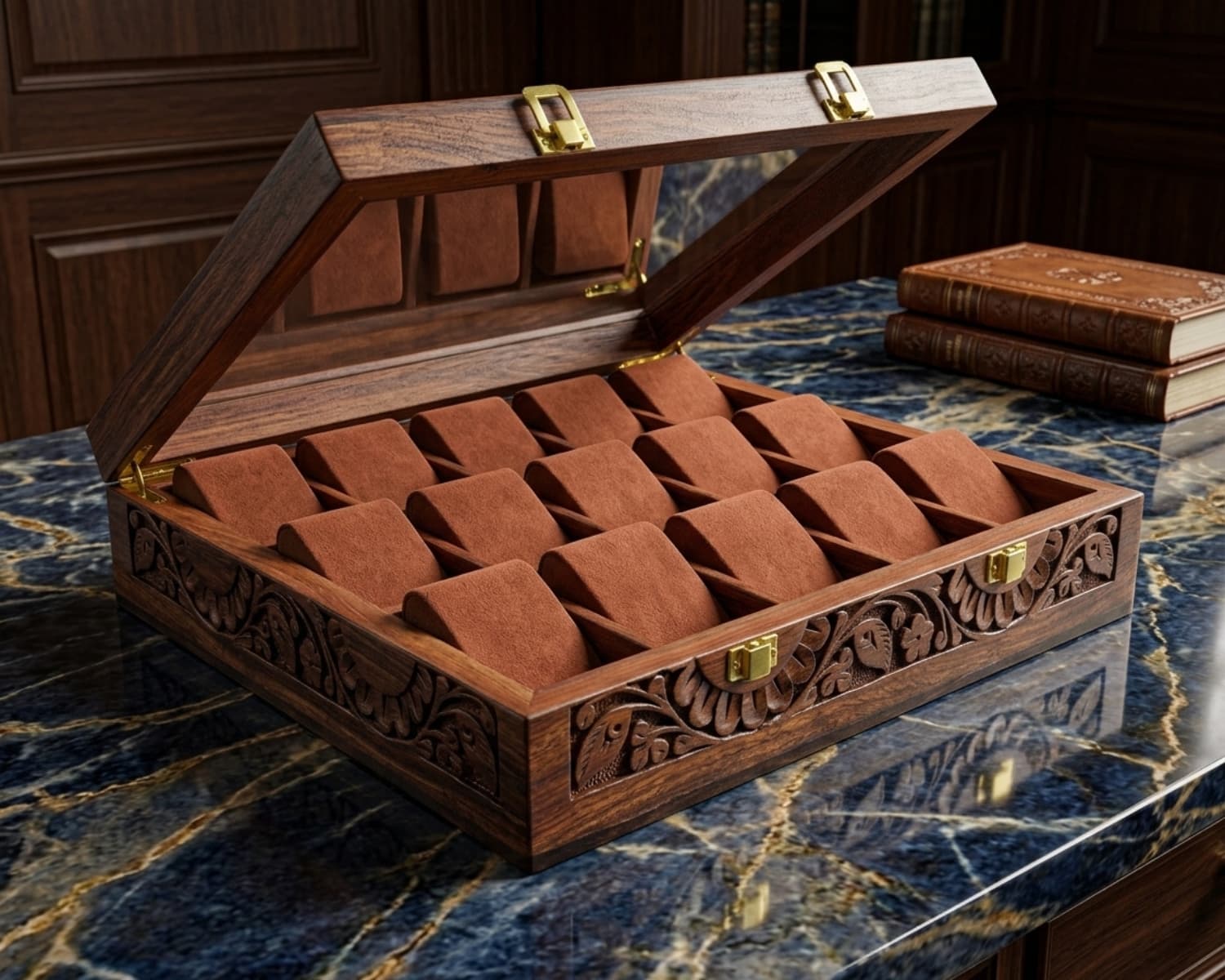 Premium Wooden Watch Box for 15 Watches - Carved Wood Display Case with Glass Top & Golden Hinges