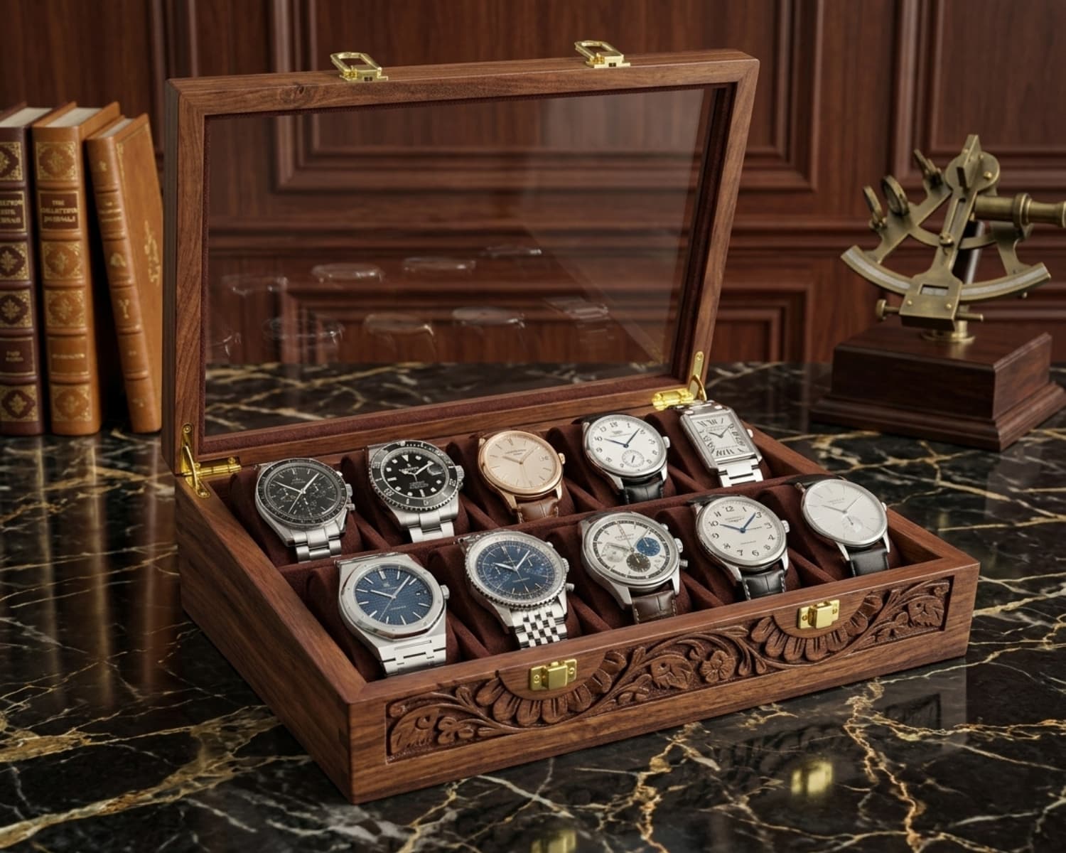 Premium Wooden Watch Box for 10 Watches - Carved Wood Display Case with Glass Top & Golden Hinges