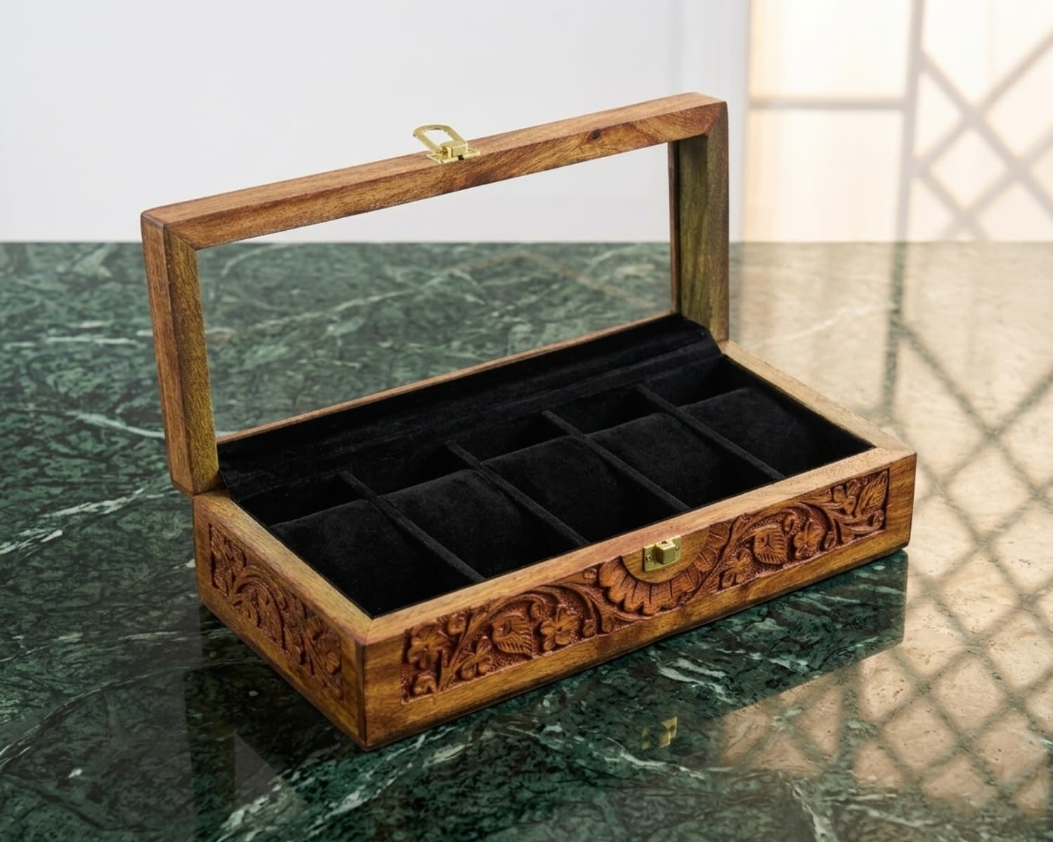 Premium Wooden Watch Box for 5 Watches - Carved Wood Display Case with Glass Top - Black