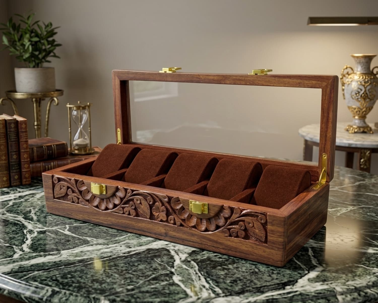Premium Wooden Watch Box for 5 Watches - Carved Wood Display Case with Glass Top & Golden Hinges