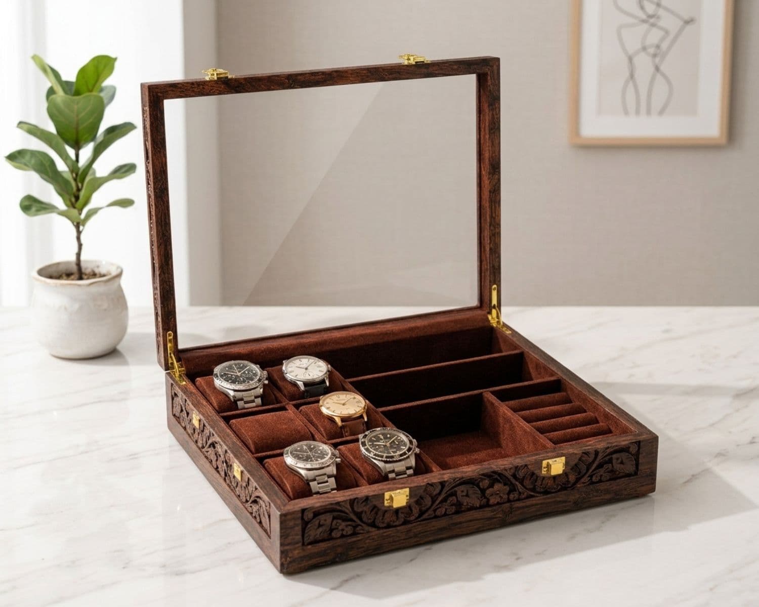 Premium 3-in-1 Wooden Organizer Box - Watch, Ring, Glasses & Studs Storage - Glass Top & Golden Hinges