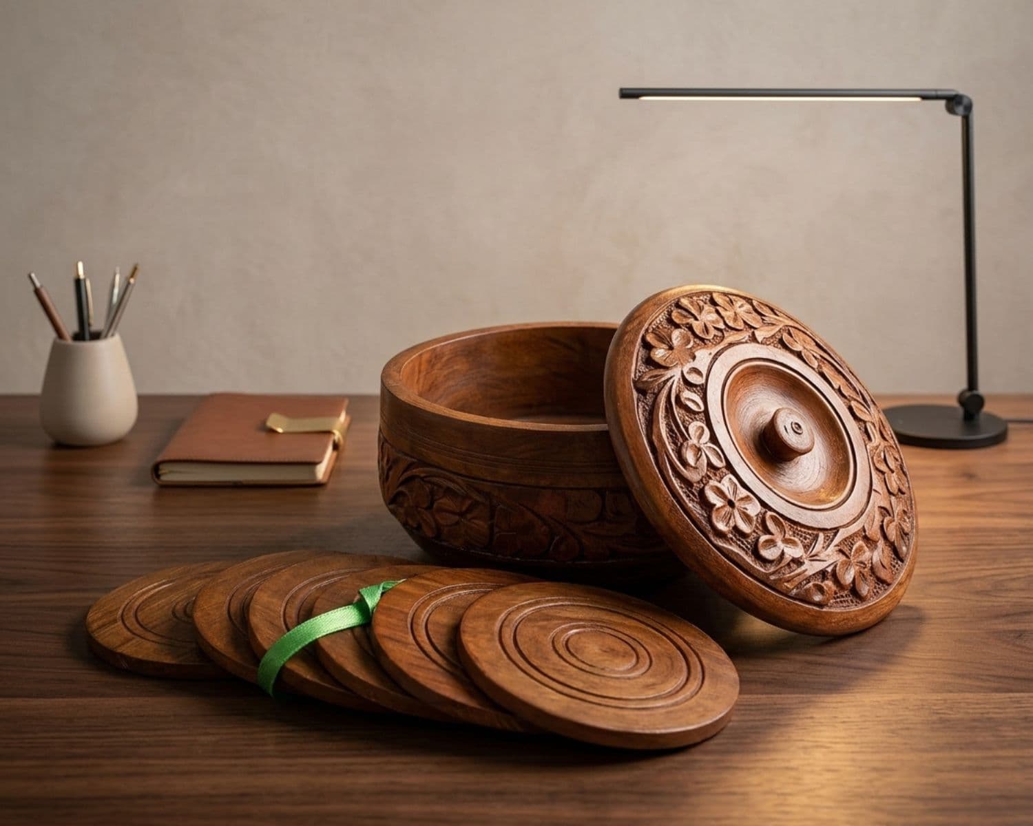Handcrafted Wooden Sugar Pot with 6 Coasters - Premium Wood Storage Jar & Elegant Table Accessory Set