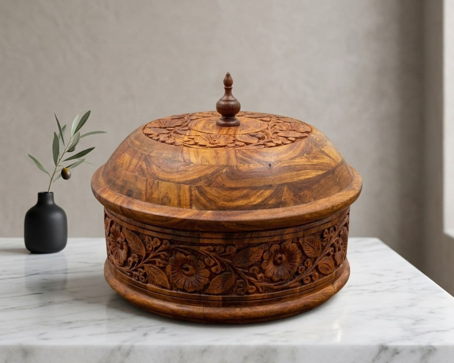 Handcrafted Wooden Hotpot with Steel Bowl - Carved Wood Casserole - 4 Liter / 12 Inch