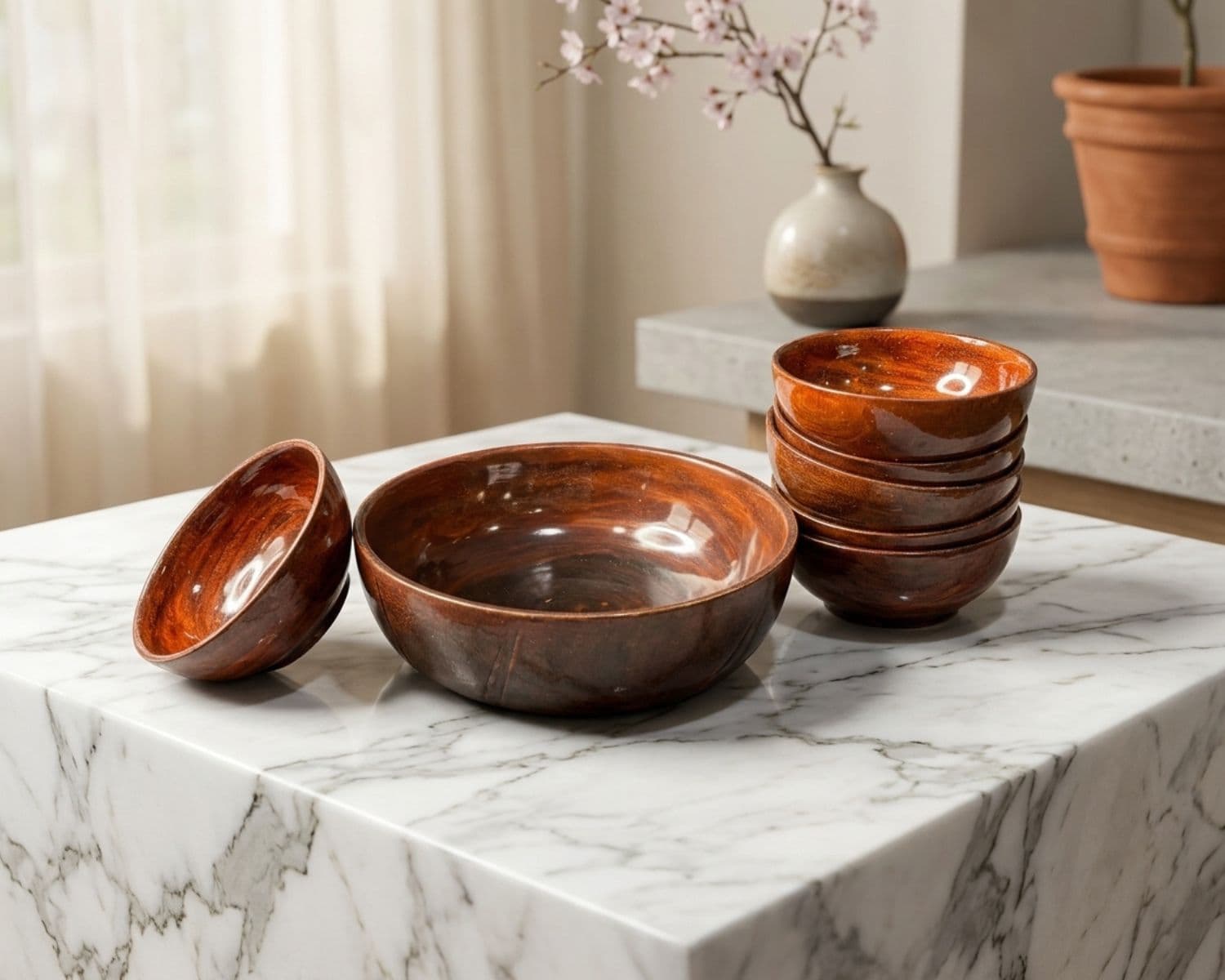 Handcrafted Wooden Bowl Set - 7 Pieces - 6 Small & 1 Large - Premium Glossy Finish