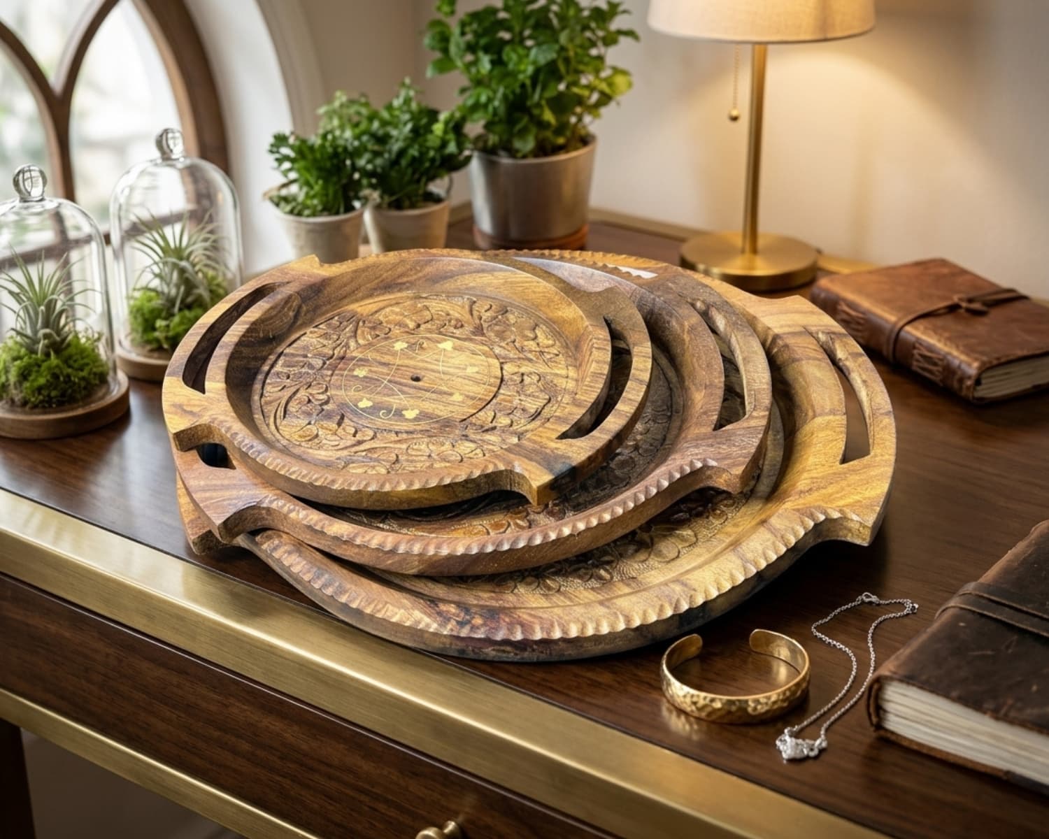 Wooden Gol Tray Set of 3 - Handcrafted Sheesham Wood Serving Trays with Carved Design