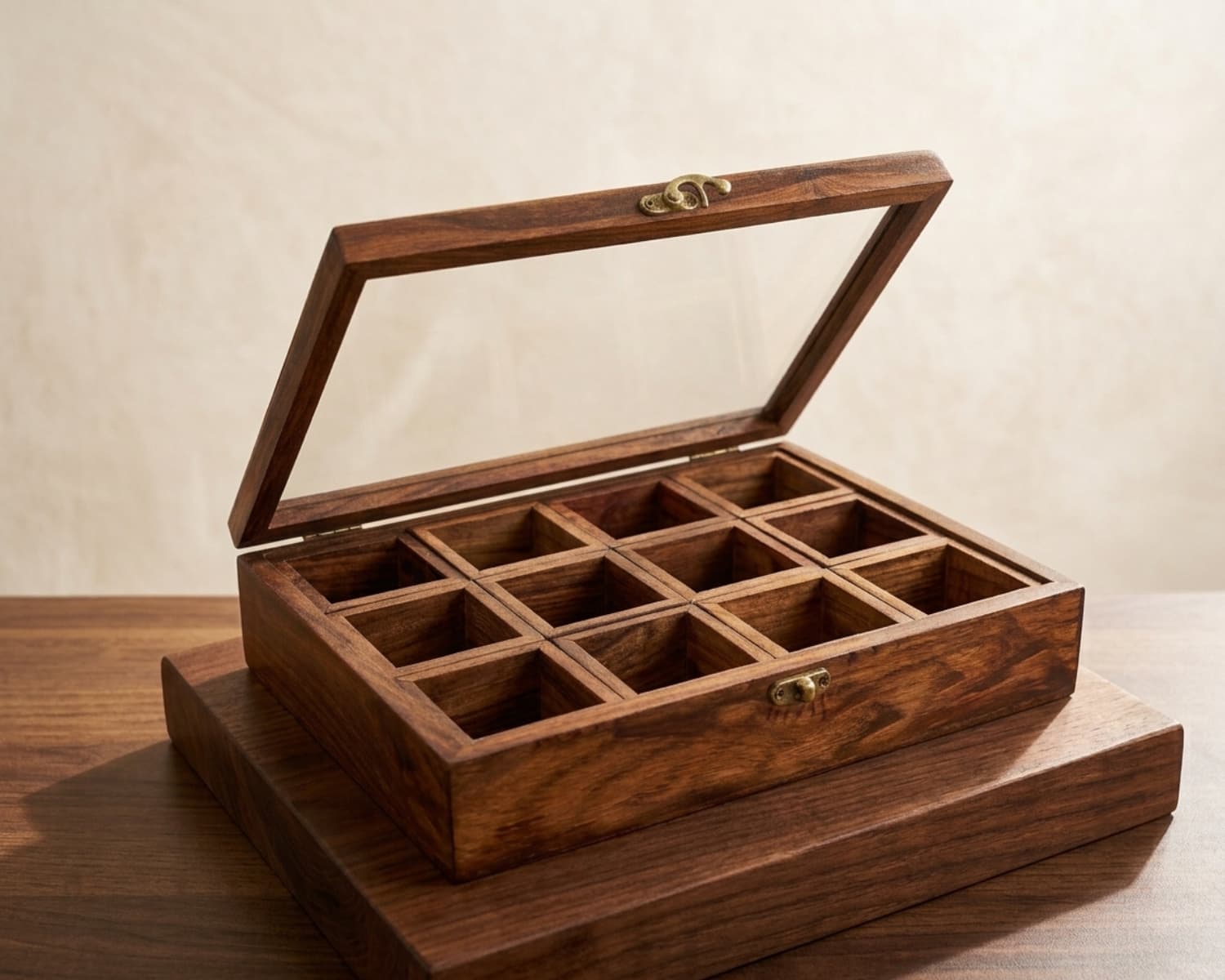 Wooden Spice Box with Glass Lid - 12 Moveable Compartments - Natural Masala Organizer - Kitchen Spice Storage Box