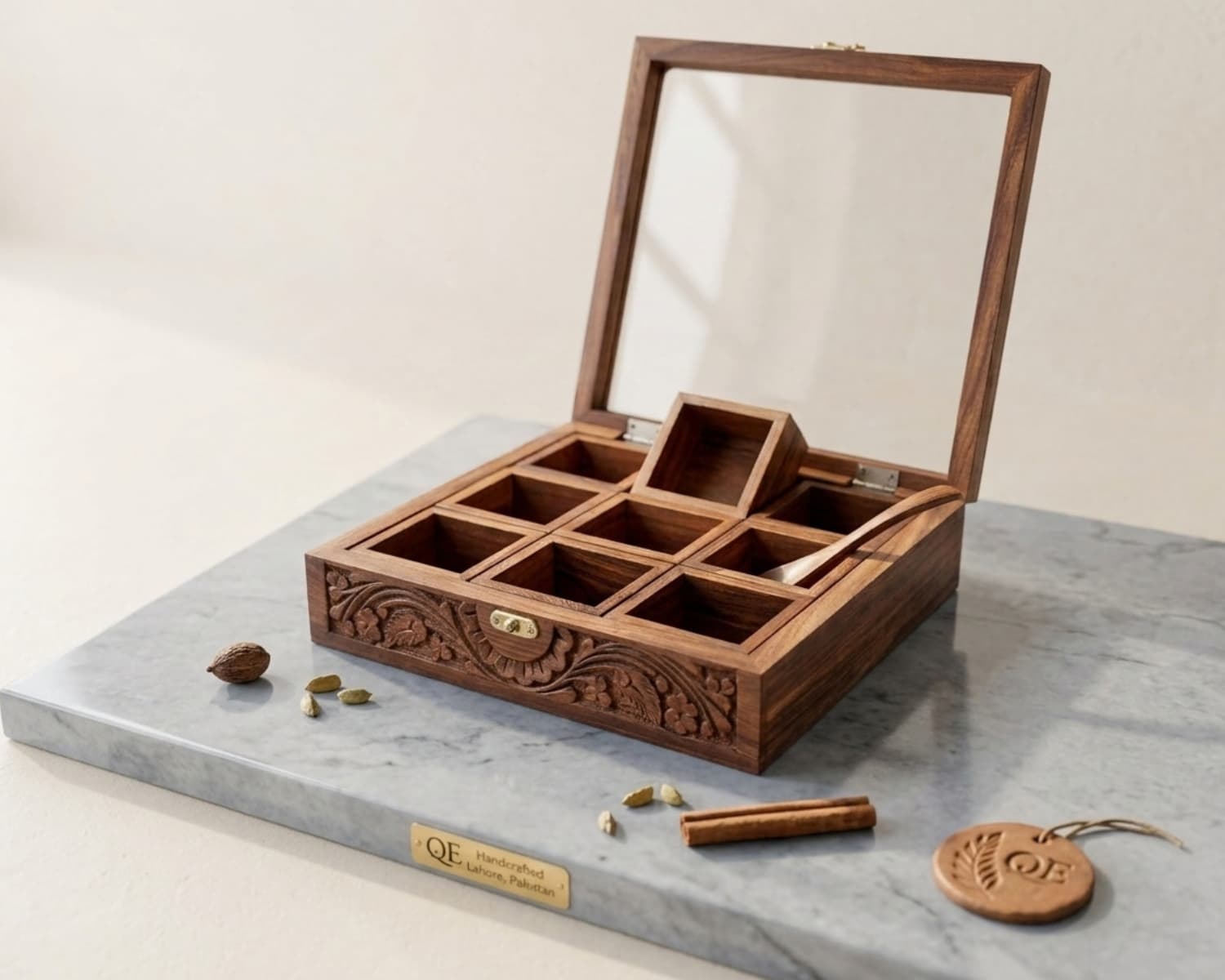 Wooden Spice Box with Glass Lid - 9 Movable Compartments, Carved Design Spice Organizer