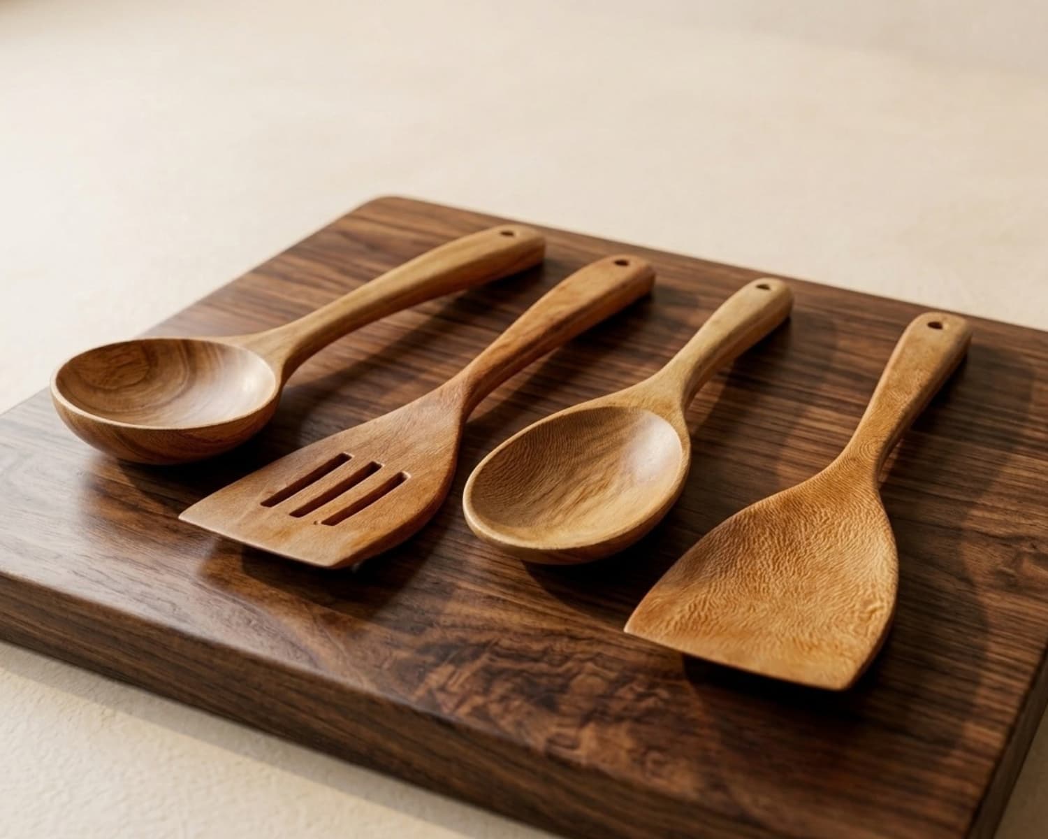 Handcrafted Chinar Wood Spoon Set - 4 Traditional Wooden Spoons - Natural Kitchen Utensils