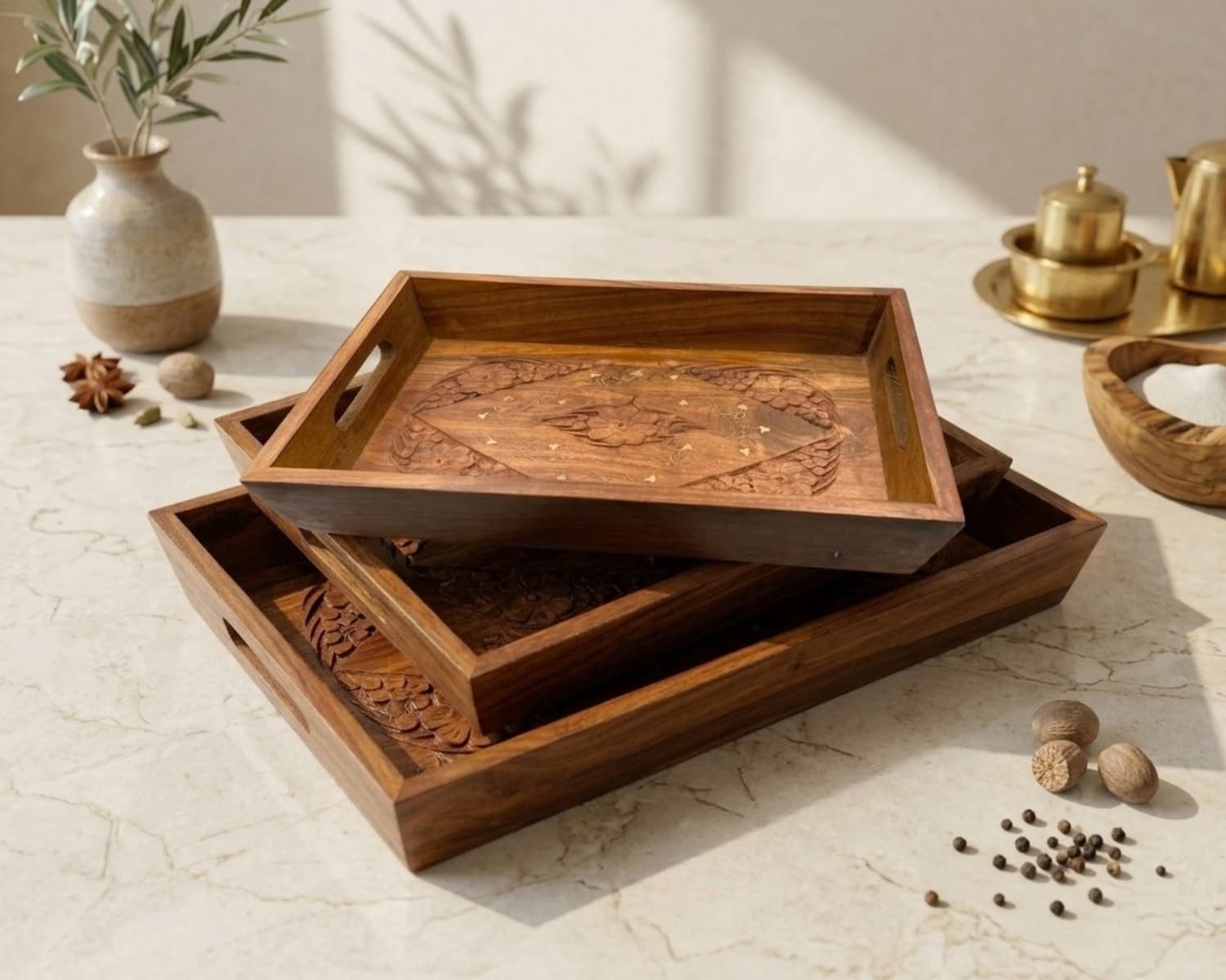 Set of 3 Wooden Serving Trays with Handles - Hand Carved Multipurpose Tray Set