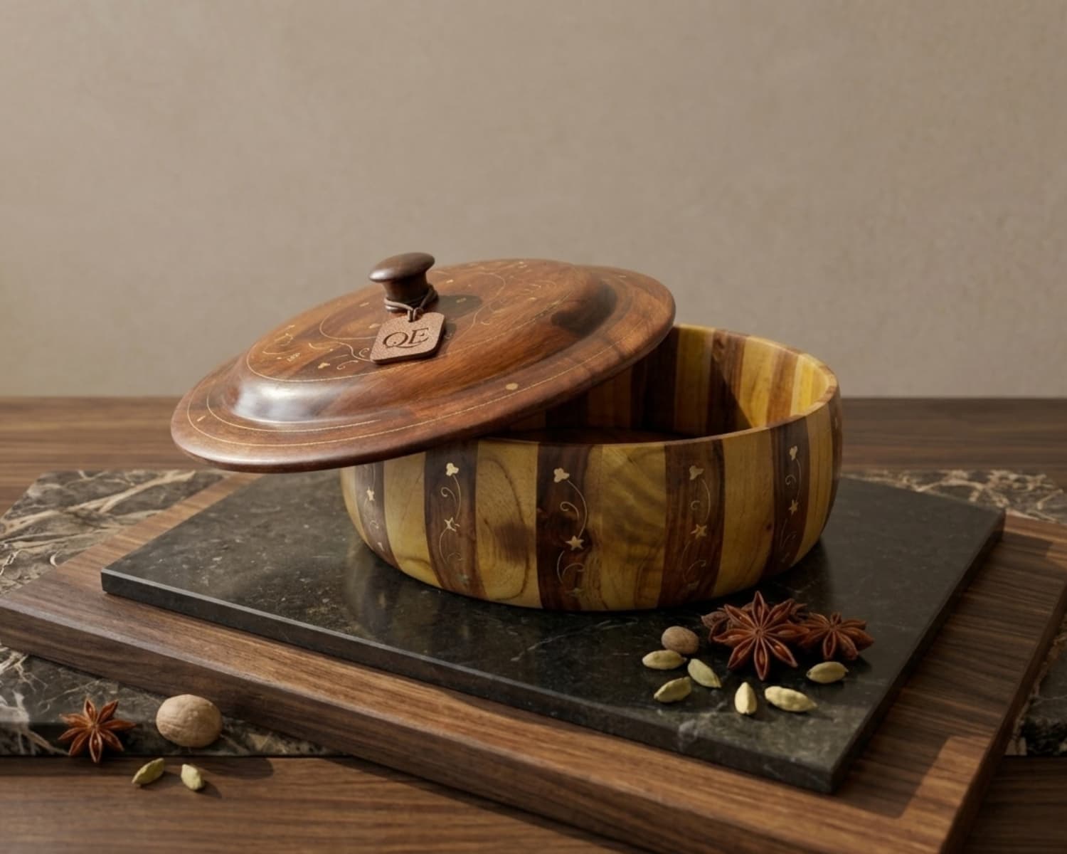 Handcrafted Wooden Hotpot - Tukri Slice Design with Brass Work - 4 Liter / 12 Inch Serving Hotpot