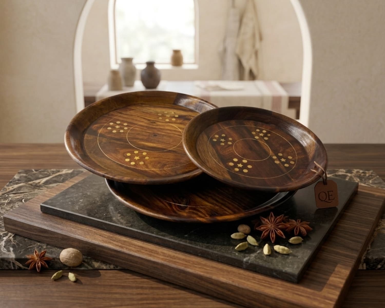 Wooden Plates Set of 3 - Natural Wooden Serving Plates, 7", 9" & 11" Sizes
