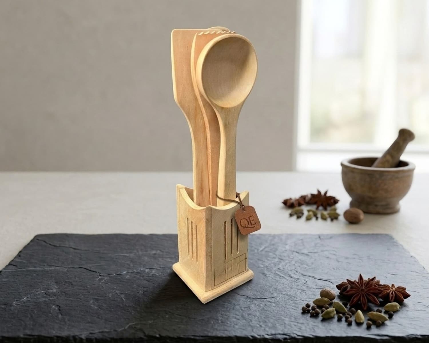 5-Piece Set of Traditional Wooden Spoons with Wooden Stand - Chinar Wood Kitchen Serving Spoons