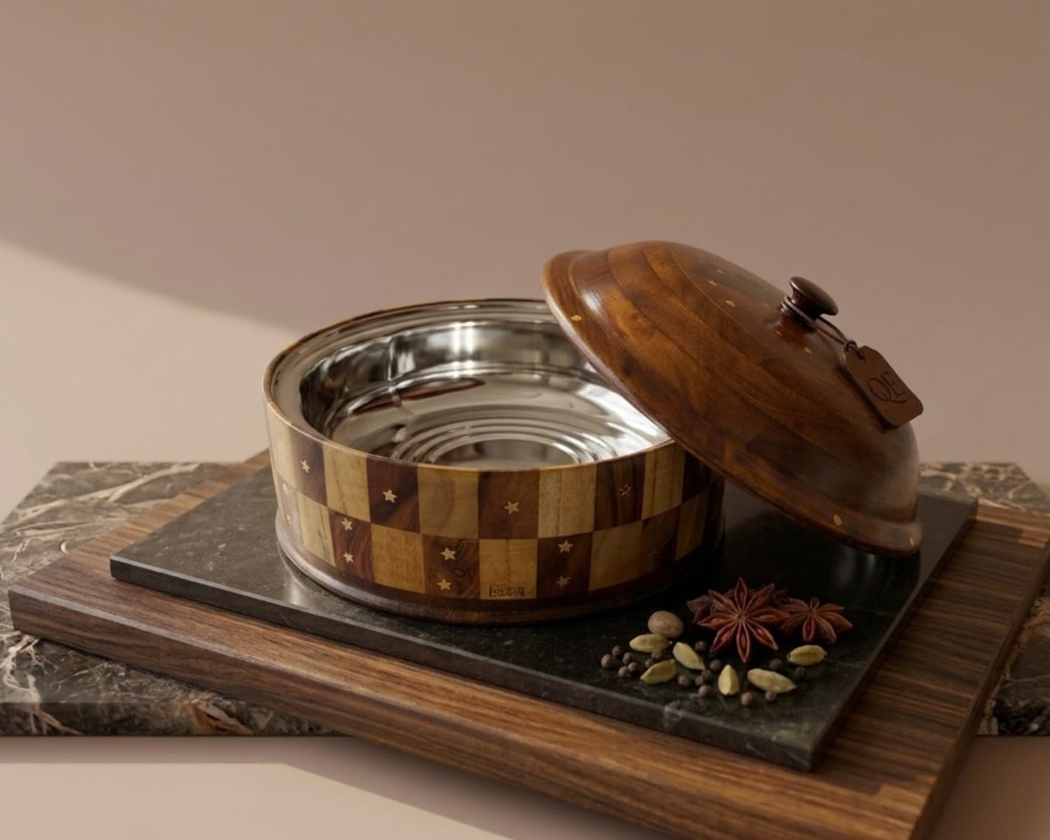 Wooden Hotpot Check Design with Steel Bowl & Brass Work - 4 Liter, 12 Inch Handmade Serving Casserole