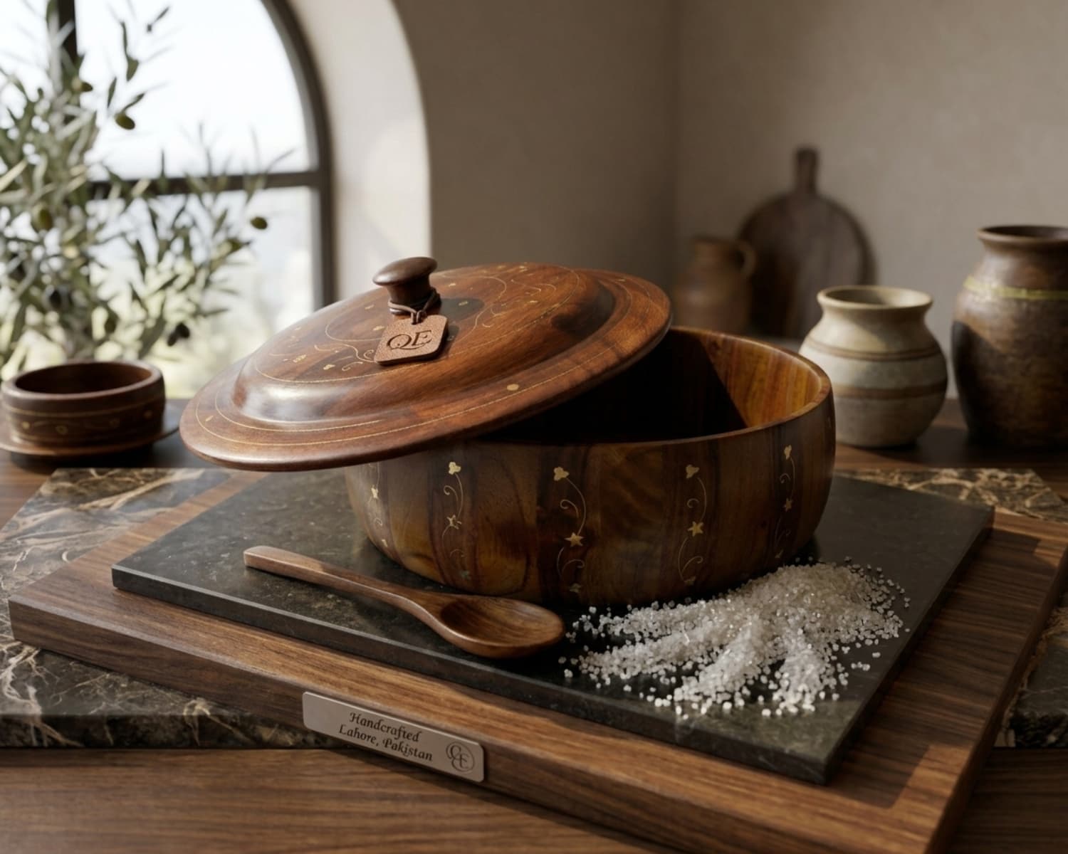 Large Wooden Sugar Pot with Brass Work - Solid Rose Wood Brown Sugar Storage Container, 4" Diameter