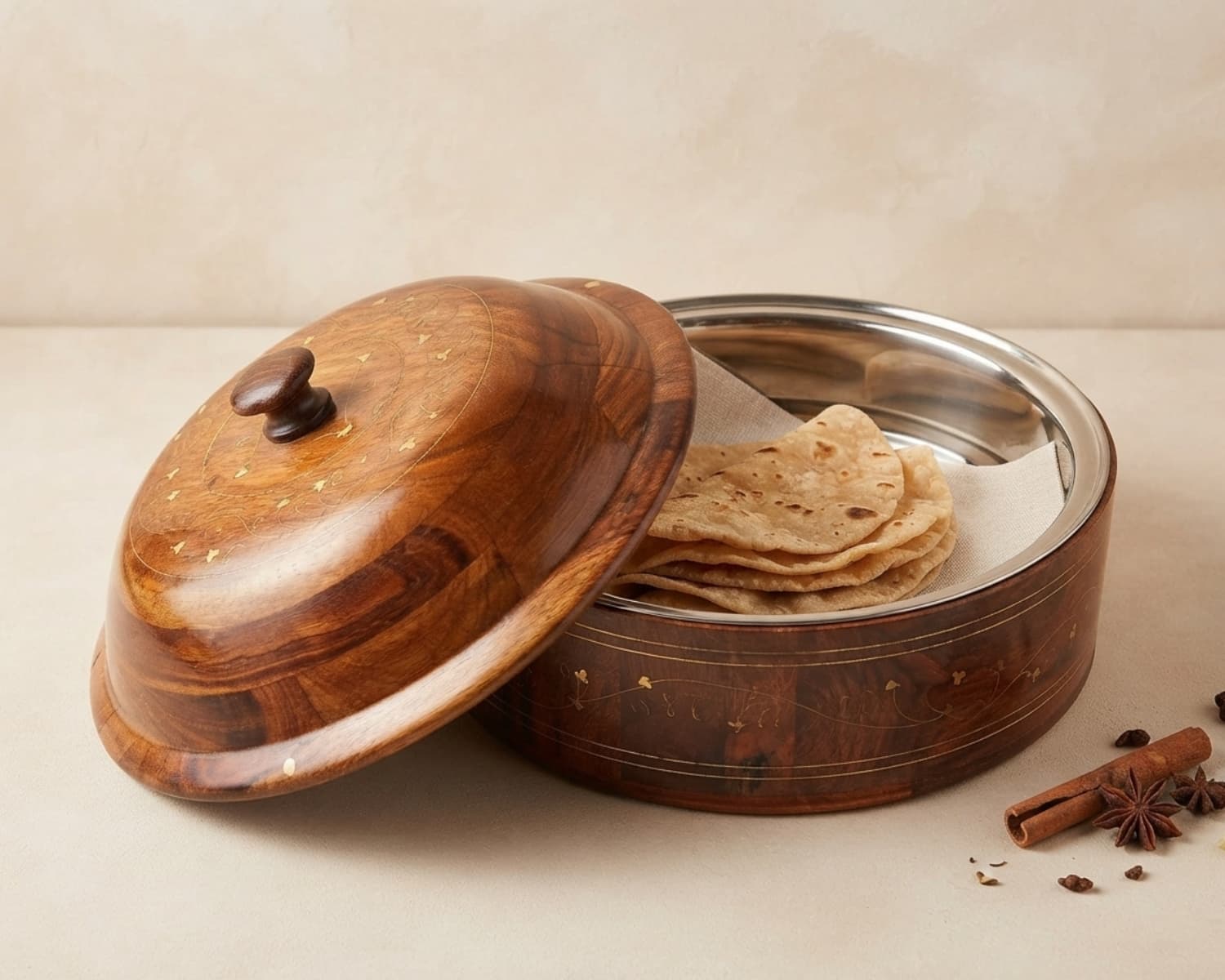 Wooden Hotpot with Steel Bowl & Brass Work - 4 Liter, 12 Inch Traditional Serving Casserole