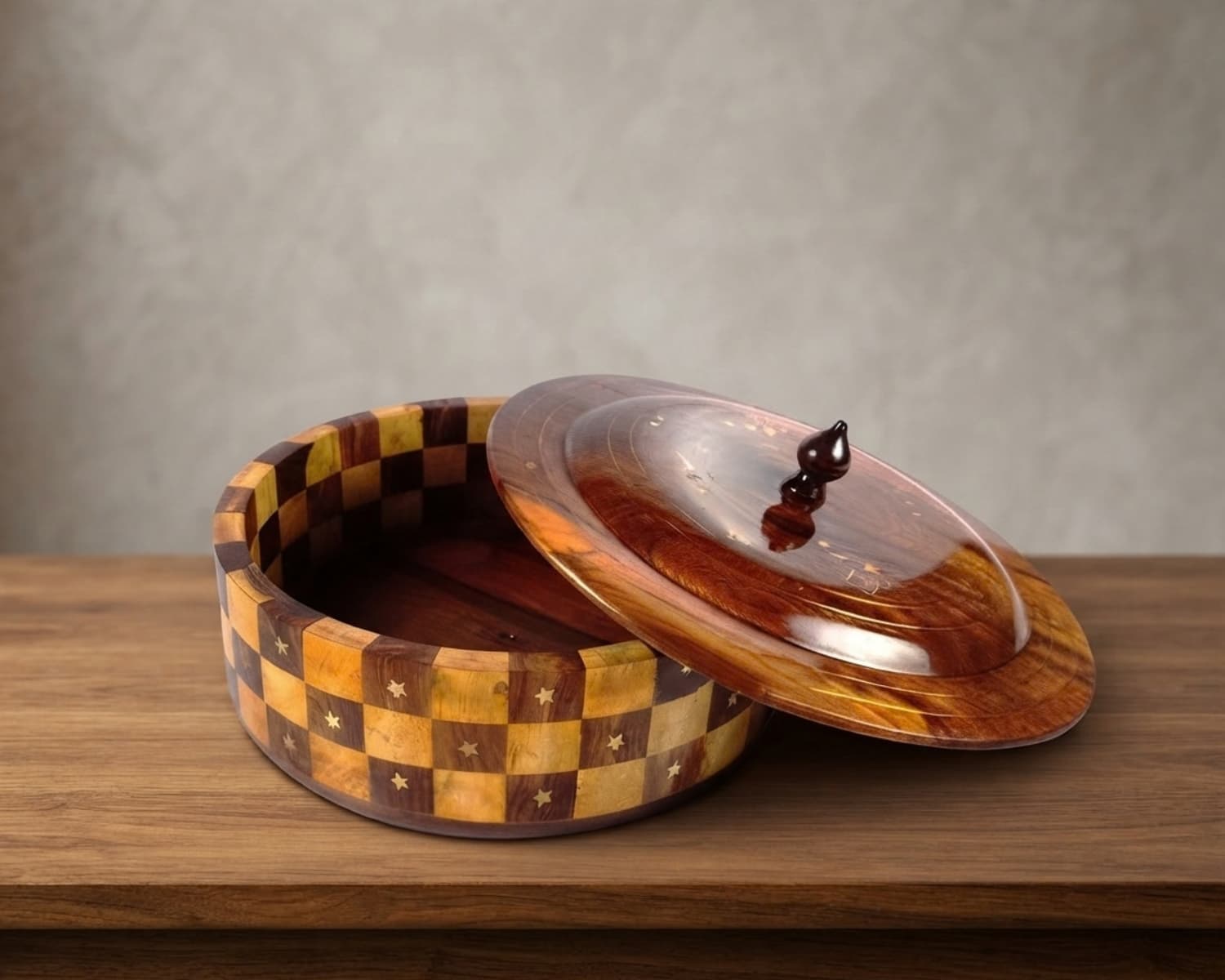 Wooden Hotpot Check Design with Brass Work - Handmade Natural Wood, 4 Liter, 12 Inch