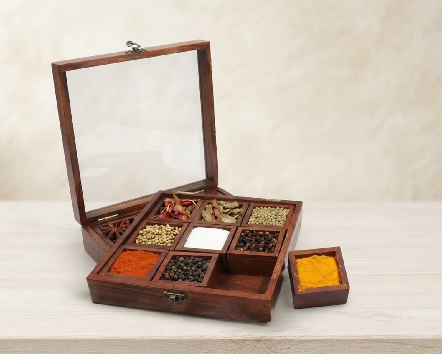 Wooden Spice Container with Glass Lid - 9 Movable Compartments, Natural Wood Spice Organizer