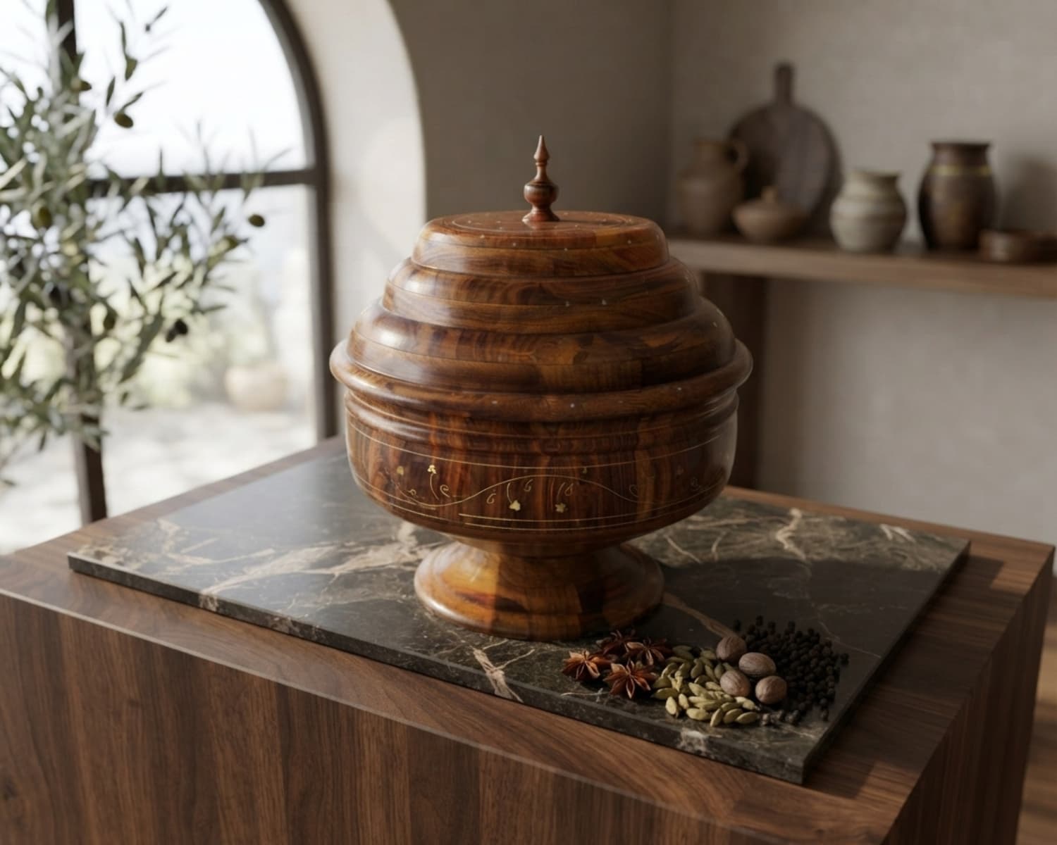 Premium Sheesham Wood Hotpot with Steel Bowl & Brass Work - Handcrafted Wooden Serving Hotpot