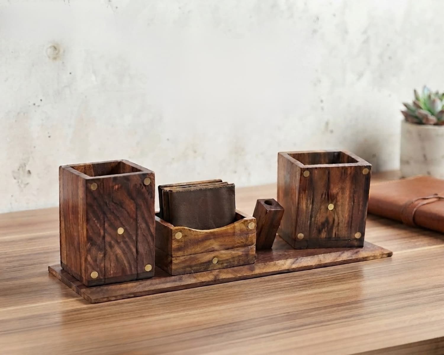 Wooden Desk Organizer with 6 Coasters - Handcrafted Office Desk Accessories Set