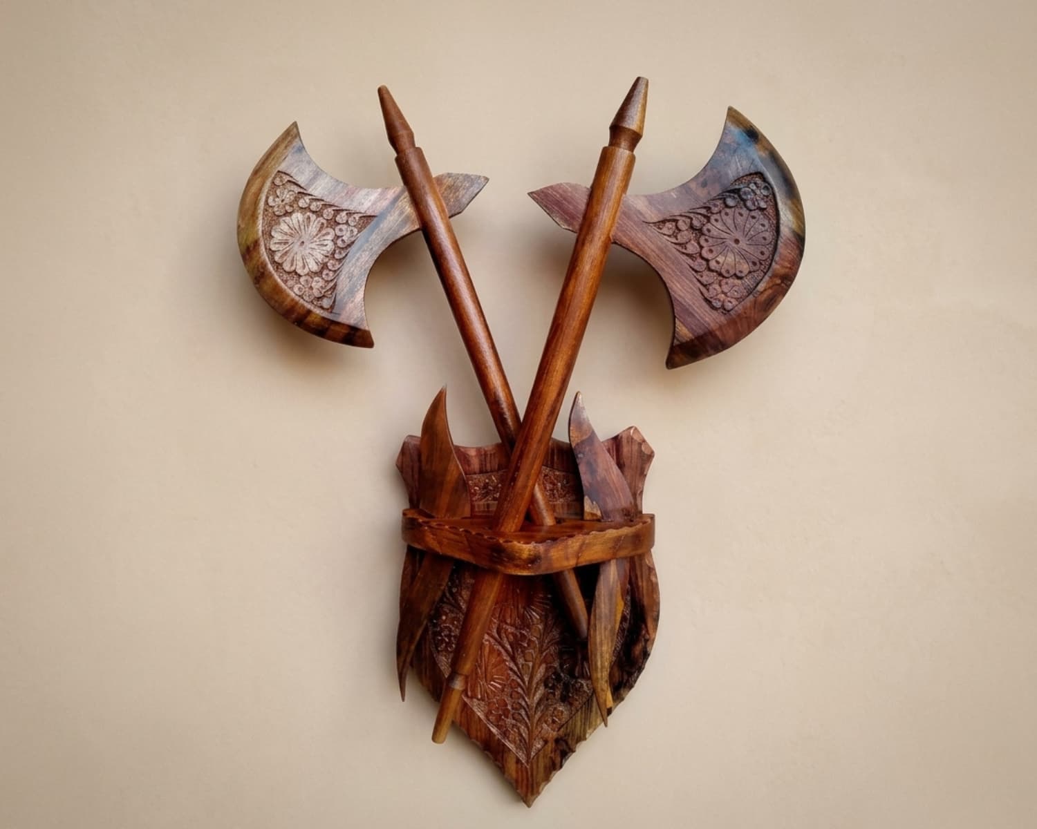 Antique Wooden Axe Wall Hanging - Handcrafted Wood Carving Art - Decorative Wall Shield with Axe Pair