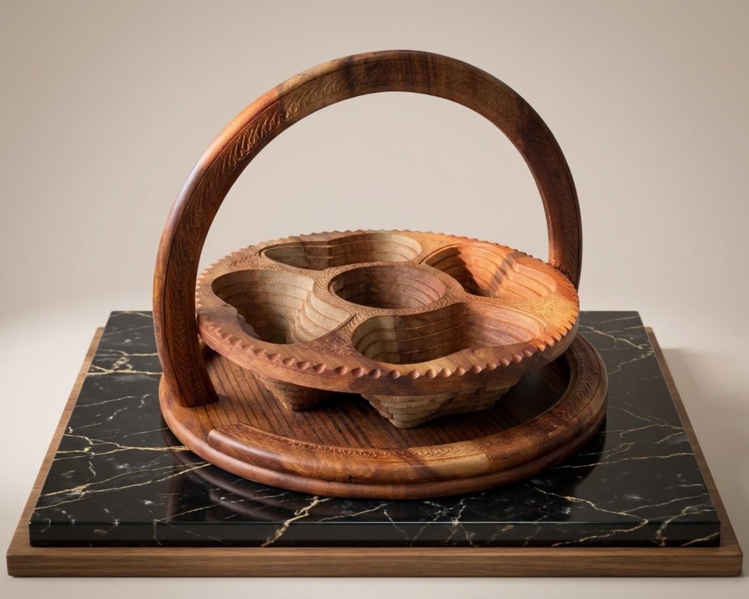 Wooden Spring Basket - Sheesham Wood Serving Tray, Compact Wooden Basket