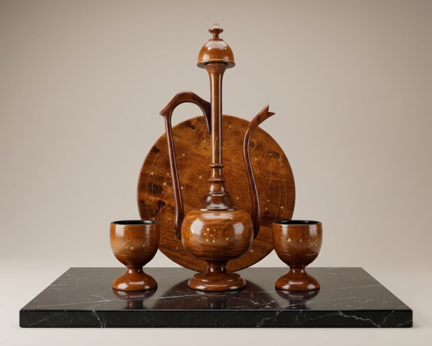 Wooden Umar Khayyam Set with Brass Work - Traditional Decorative Cups, Jar & Plate