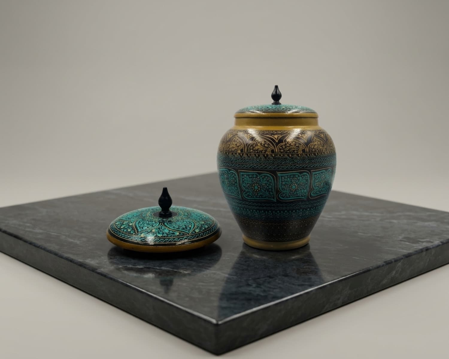 Wooden Decorative Jar - Traditional Naqshi Art Design, Green Home Decor