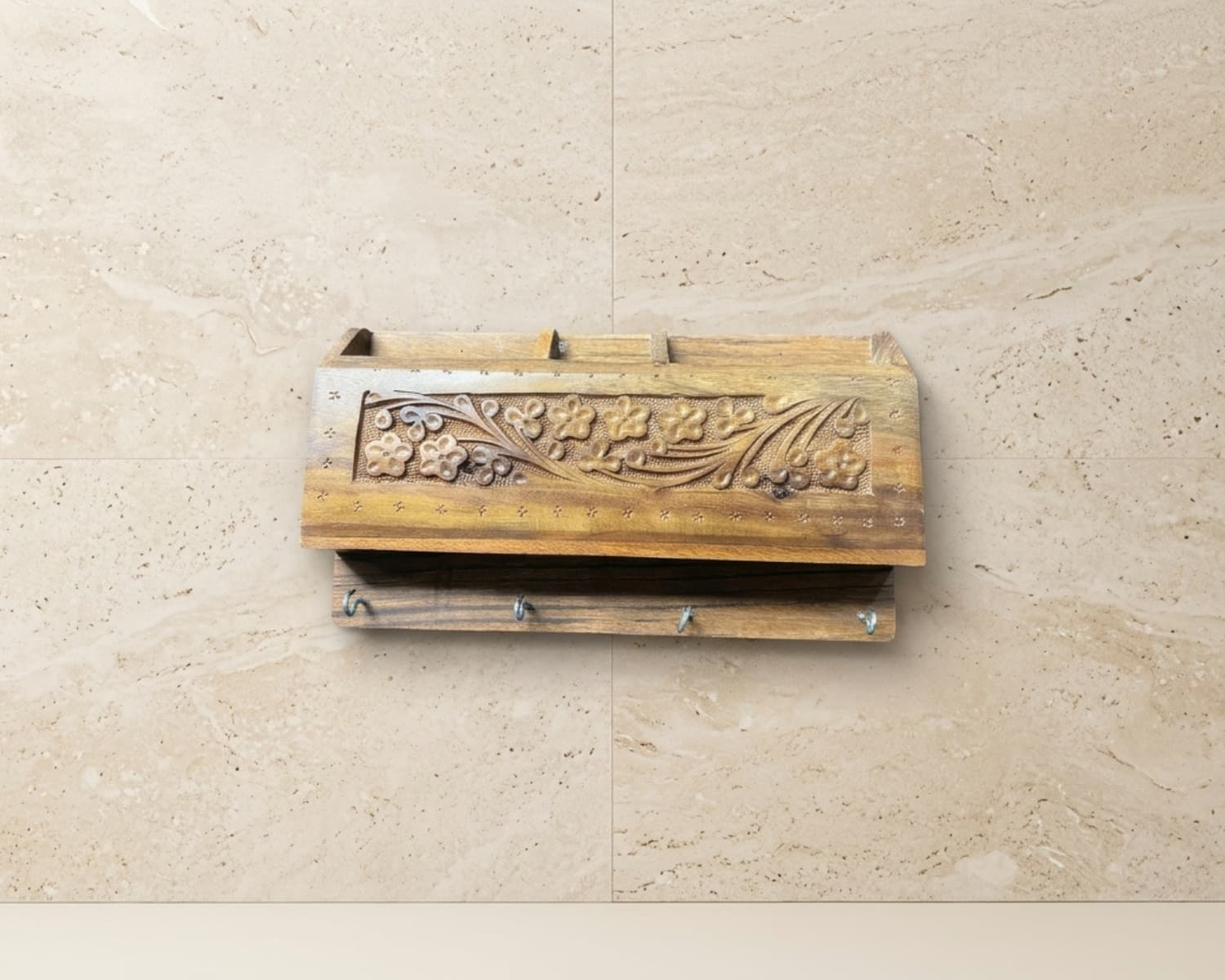 Wooden Storage Hanger - Handcrafted Sheesham Wood Wall Hanger with Carved Design