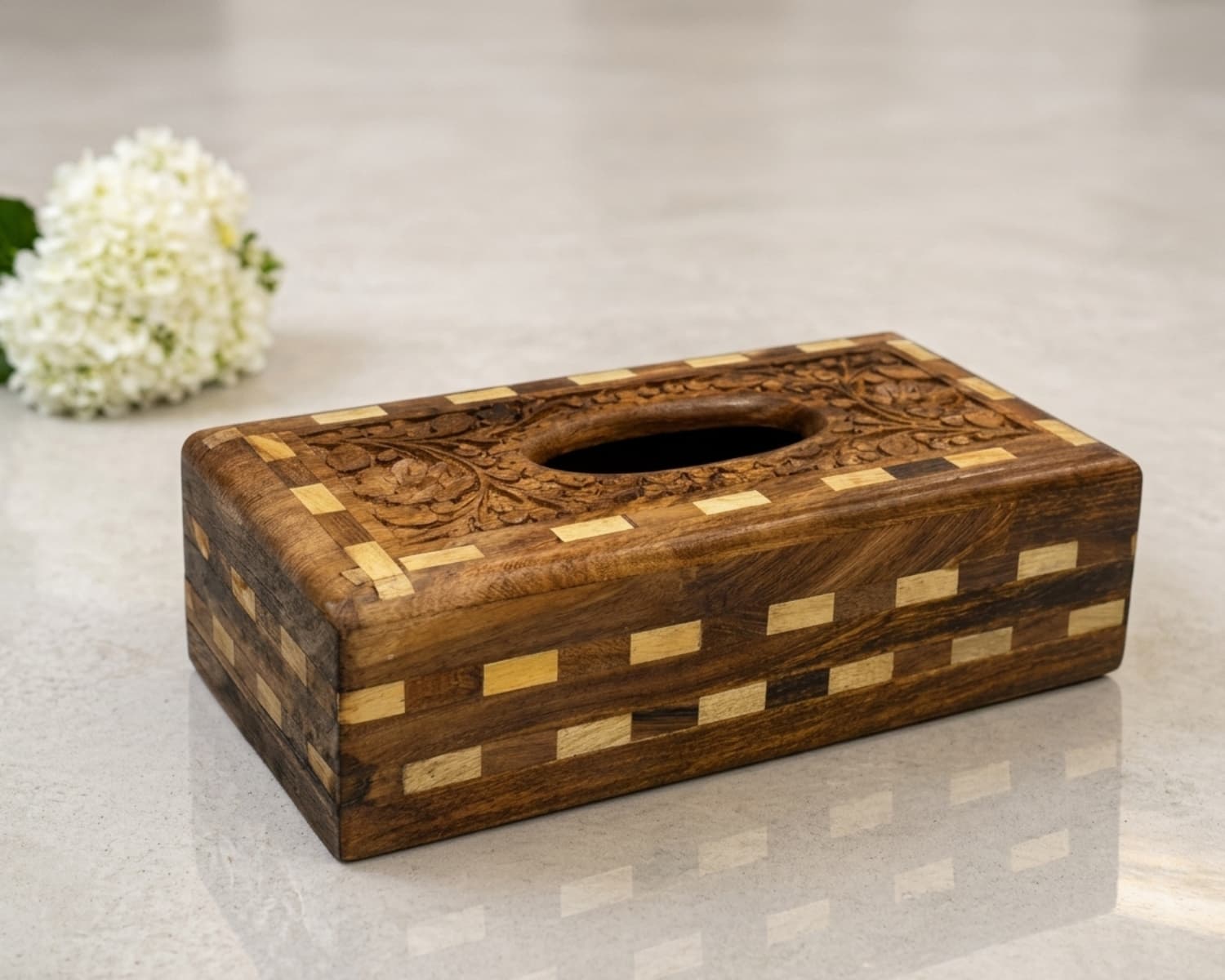 Handcrafted Wooden Tissue Box - Tukri Design - Traditional Decorative Tissue Holder - 10.5 Inch
